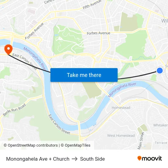 Monongahela Ave + Church to South Side map