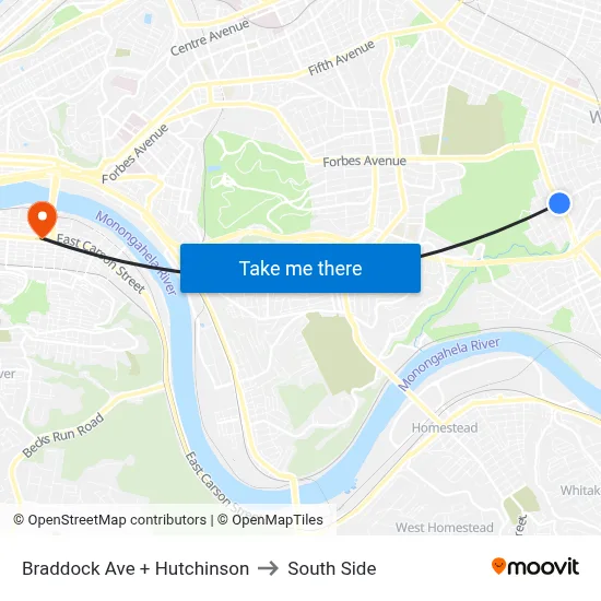 Braddock Ave + Hutchinson to South Side map