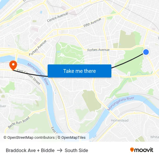 Braddock Ave + Biddle to South Side map