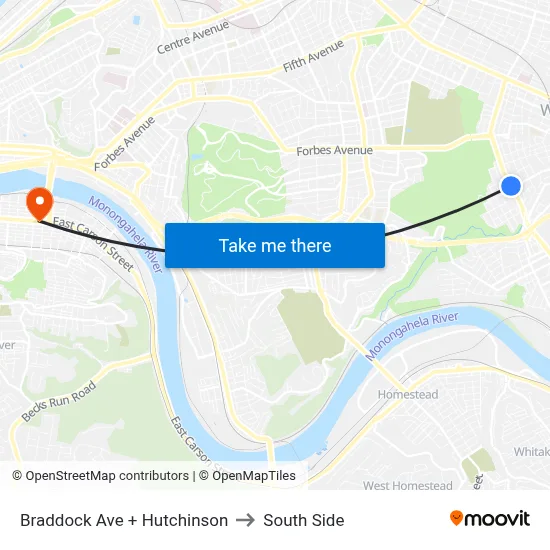 Braddock Ave + Hutchinson to South Side map