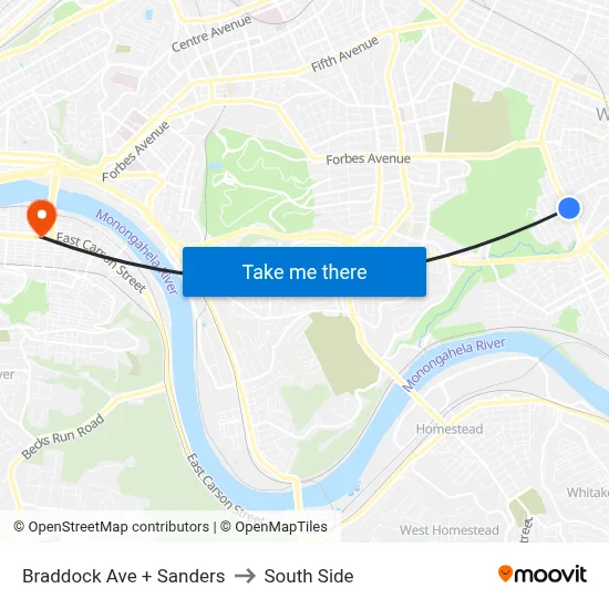 Braddock Ave + Sanders to South Side map
