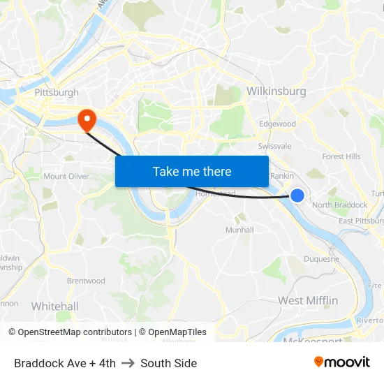 Braddock Ave + 4th to South Side map