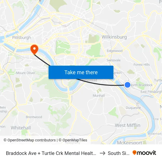 Braddock Ave + Turtle Crk Mental Health Ctr to South Side map
