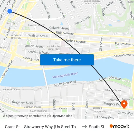 Grant St + Strawberry Way (Us Steel Tower) to South Side map