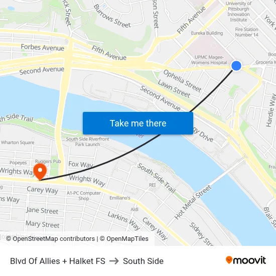 Blvd Of Allies + Halket FS to South Side map