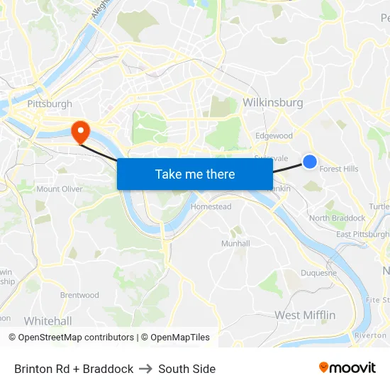 Brinton Rd + Braddock to South Side map