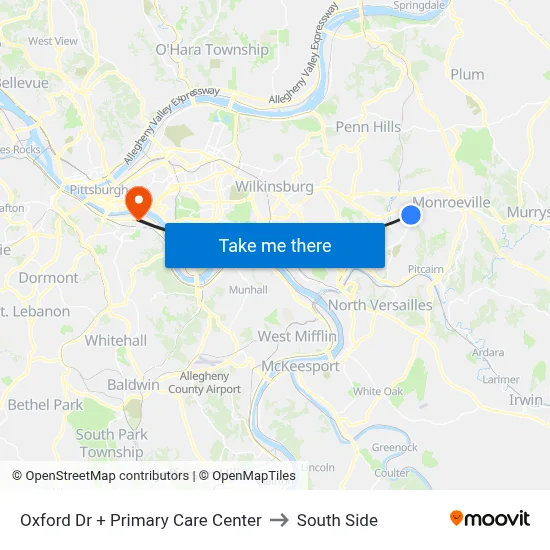Oxford Dr + Primary Care Center to South Side map