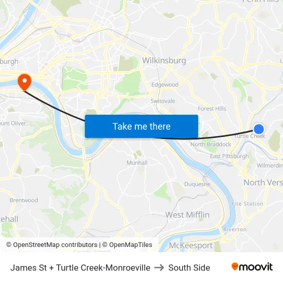James St + Turtle Creek-Monroeville to South Side map