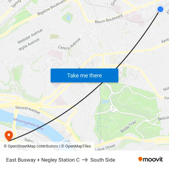 East Busway + Negley Station C to South Side map
