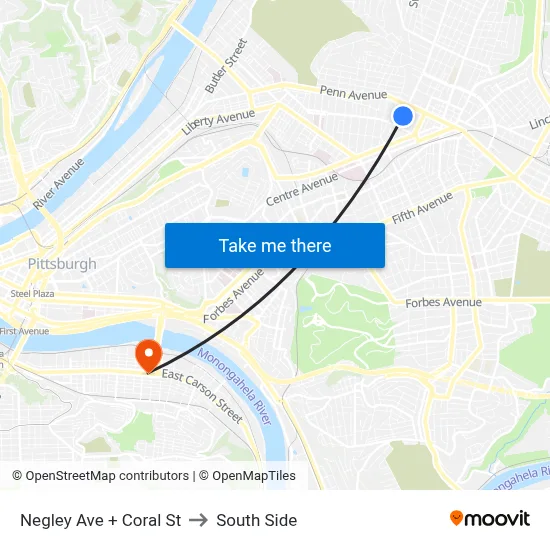 Negley Ave + Coral St to South Side map