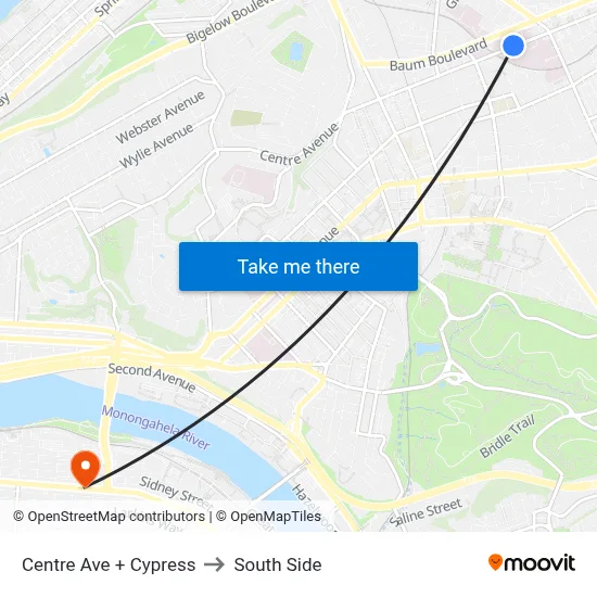 Centre Ave + Cypress to South Side map