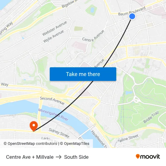 Centre Ave + Millvale to South Side map