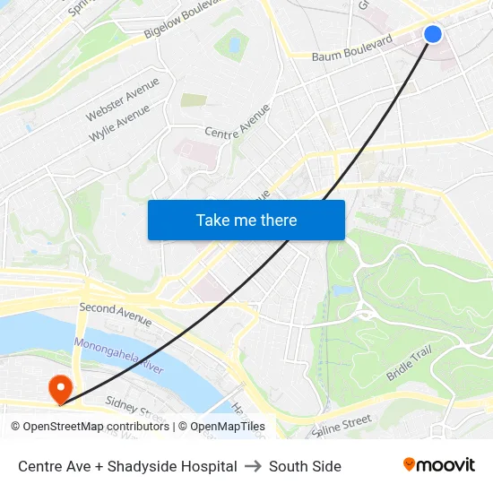 Centre Ave + Shadyside Hospital to South Side map