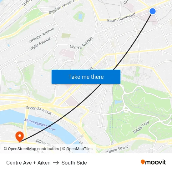 Centre Ave + Aiken to South Side map
