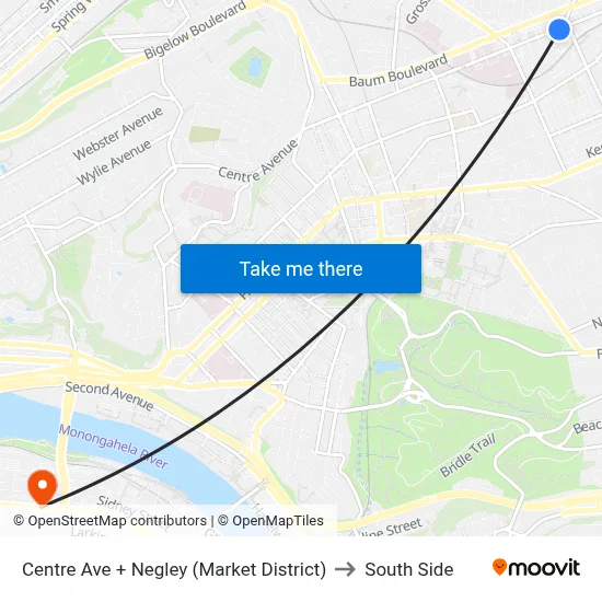 Centre Ave + Negley (Market District) to South Side map