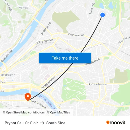 Bryant St + St Clair to South Side map