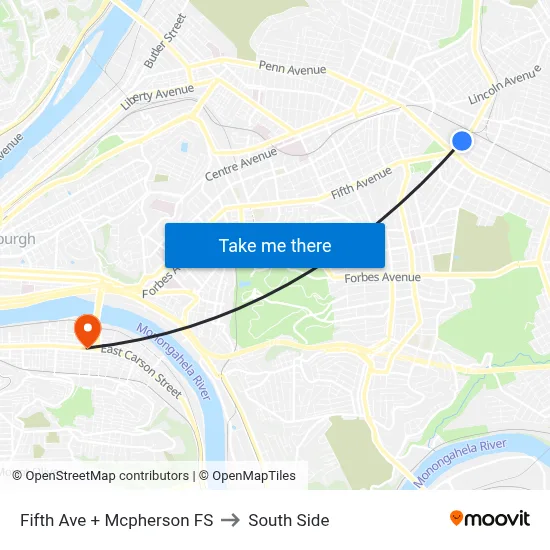 Fifth Ave + Mcpherson FS to South Side map