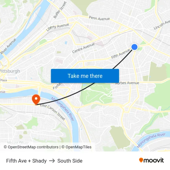 Fifth Ave + Shady to South Side map