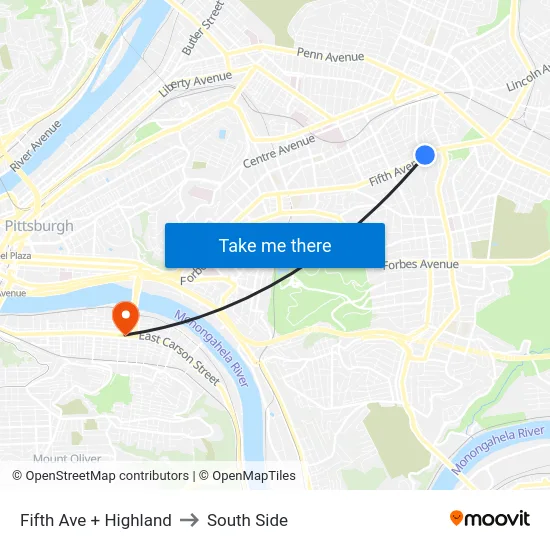 Fifth Ave + Highland to South Side map