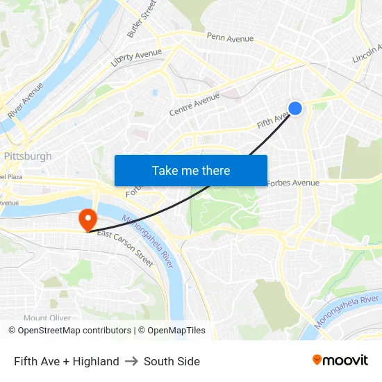 Fifth Ave + Highland to South Side map