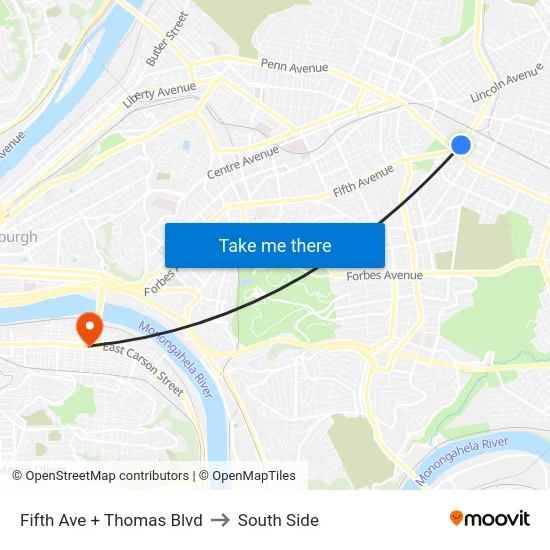 Fifth Ave + Thomas Blvd to South Side map