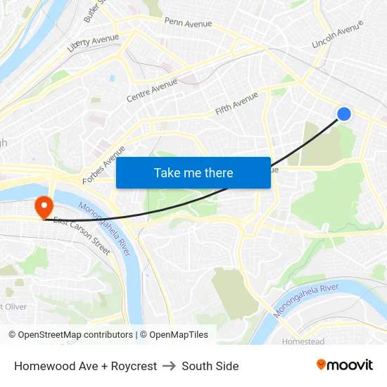 Homewood Ave + Roycrest to South Side map