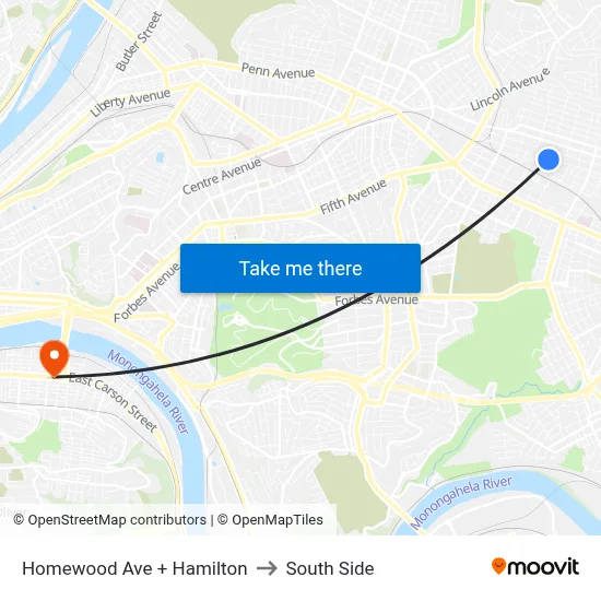 Homewood Ave + Hamilton to South Side map