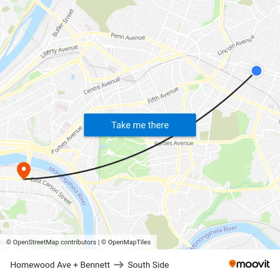 Homewood Ave + Bennett to South Side map