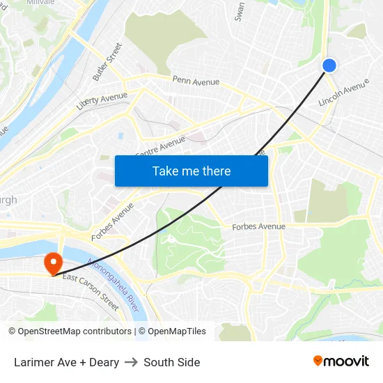 Larimer Ave + Deary to South Side map
