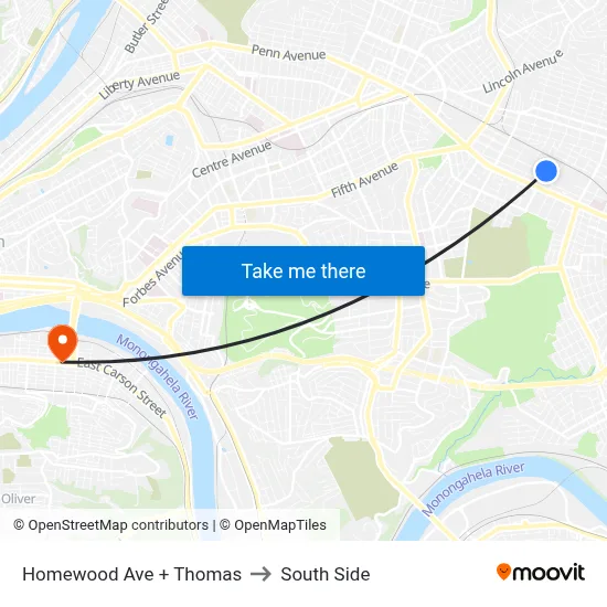 Homewood Ave + Thomas to South Side map