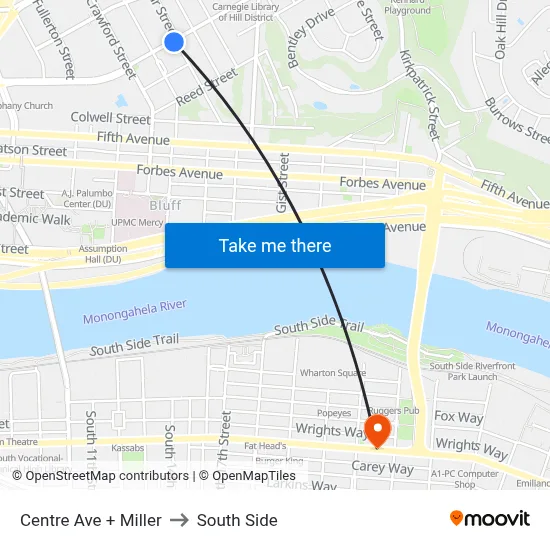 Centre Ave + Miller to South Side map