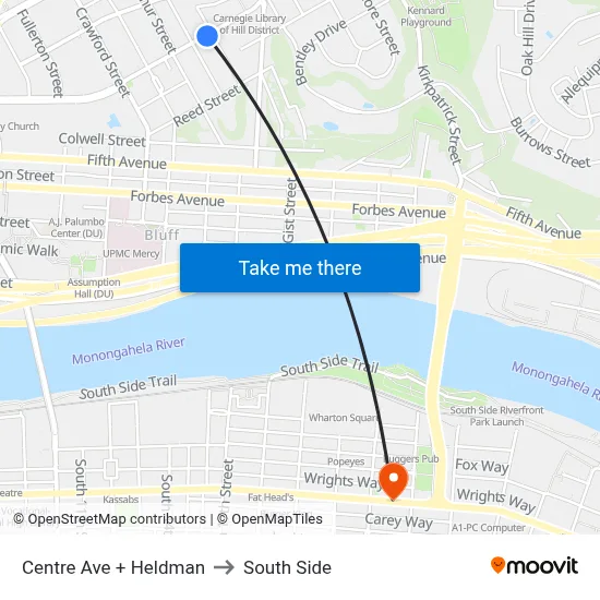 Centre Ave + Heldman to South Side map
