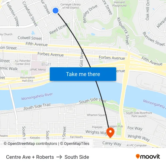 Centre Ave + Roberts to South Side map