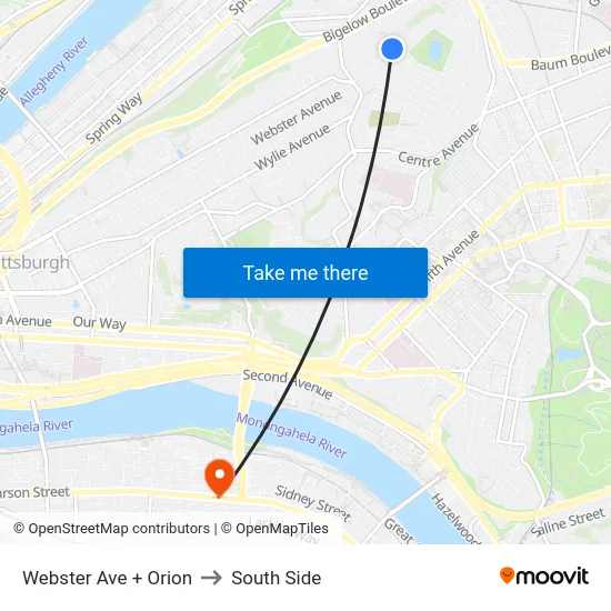 Webster Ave + Orion to South Side map