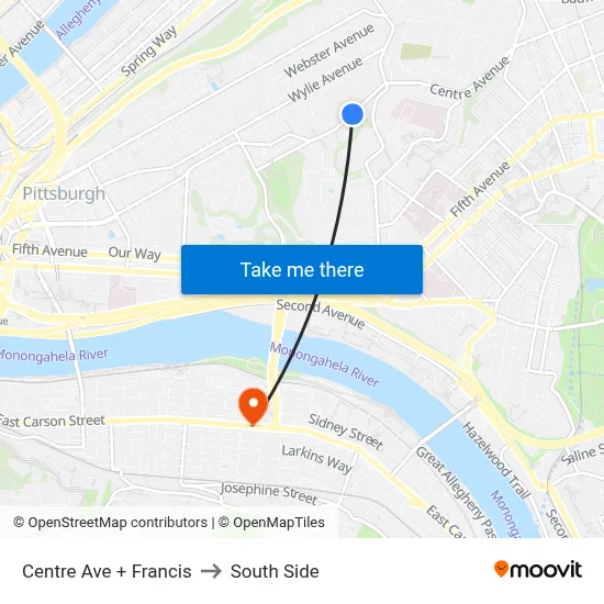 Centre Ave + Francis to South Side map