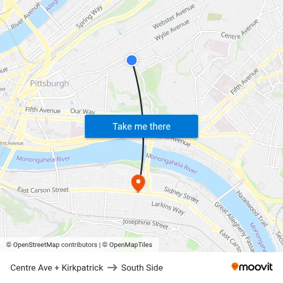 Centre Ave + Kirkpatrick to South Side map