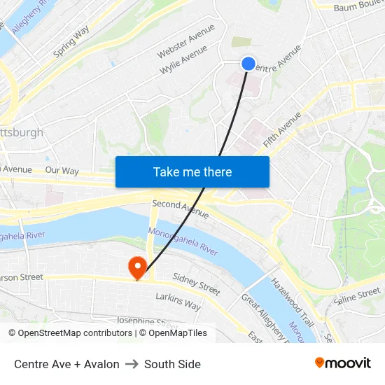 Centre Ave + Avalon to South Side map