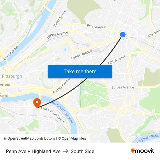 Penn Ave + Highland Ave to South Side map