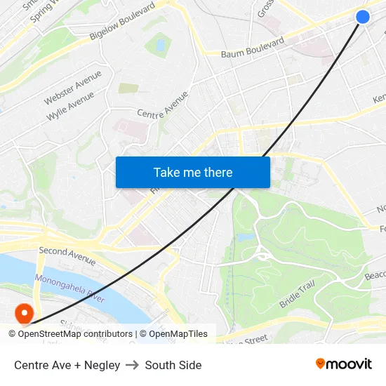 Centre Ave + Negley to South Side map