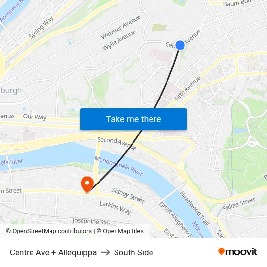 Centre Ave + Allequippa to South Side map