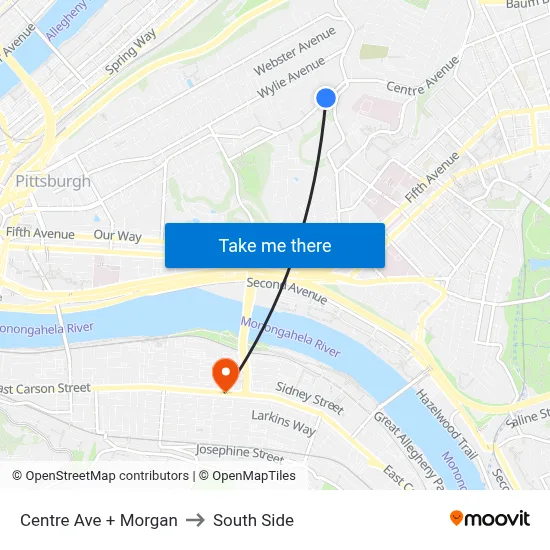 Centre Ave + Morgan to South Side map