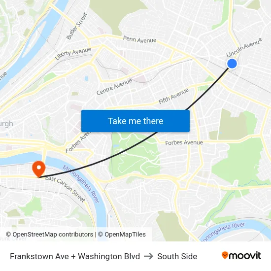 Frankstown Ave + Washington Blvd to South Side map