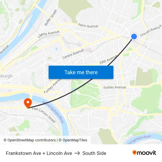 Frankstown Ave + Lincoln Ave to South Side map