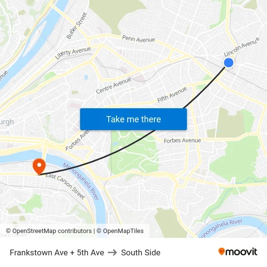 Frankstown Ave + 5th Ave to South Side map