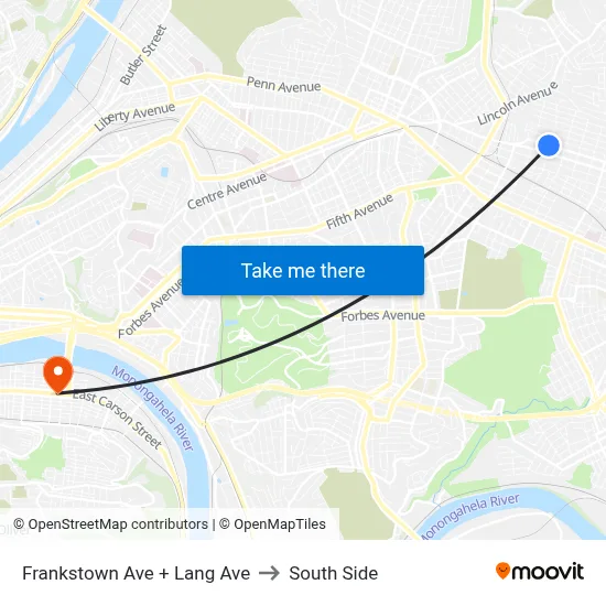 Frankstown Ave + Lang Ave to South Side map