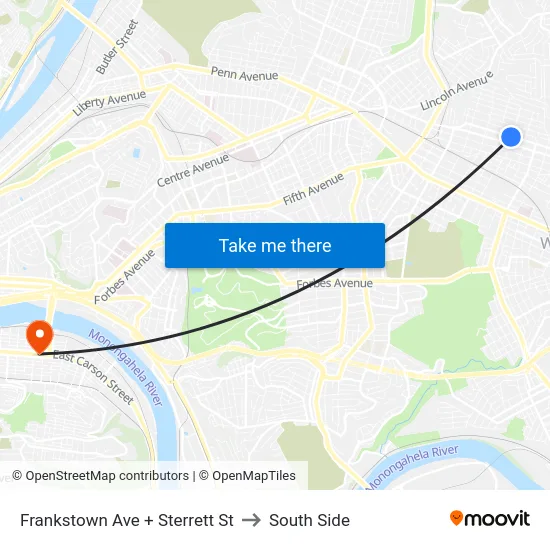 Frankstown Ave + Sterrett St to South Side map