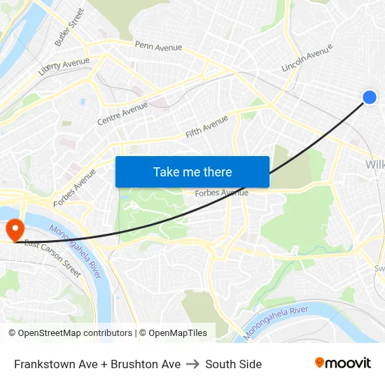 Frankstown Ave + Brushton Ave to South Side map