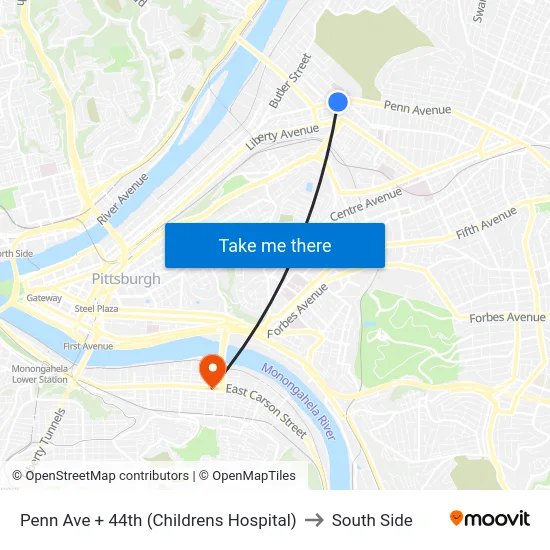Penn Ave + 44th (Childrens Hospital) to South Side map