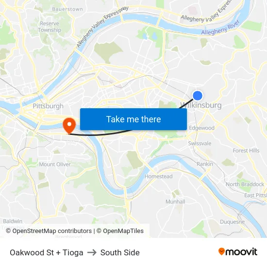 Oakwood St + Tioga to South Side map