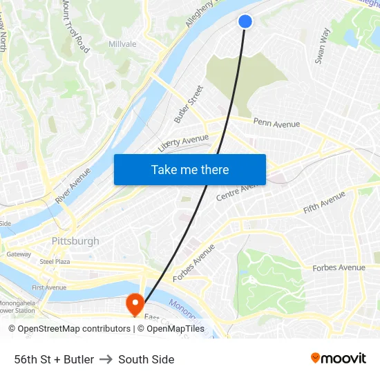 56th St + Butler to South Side map